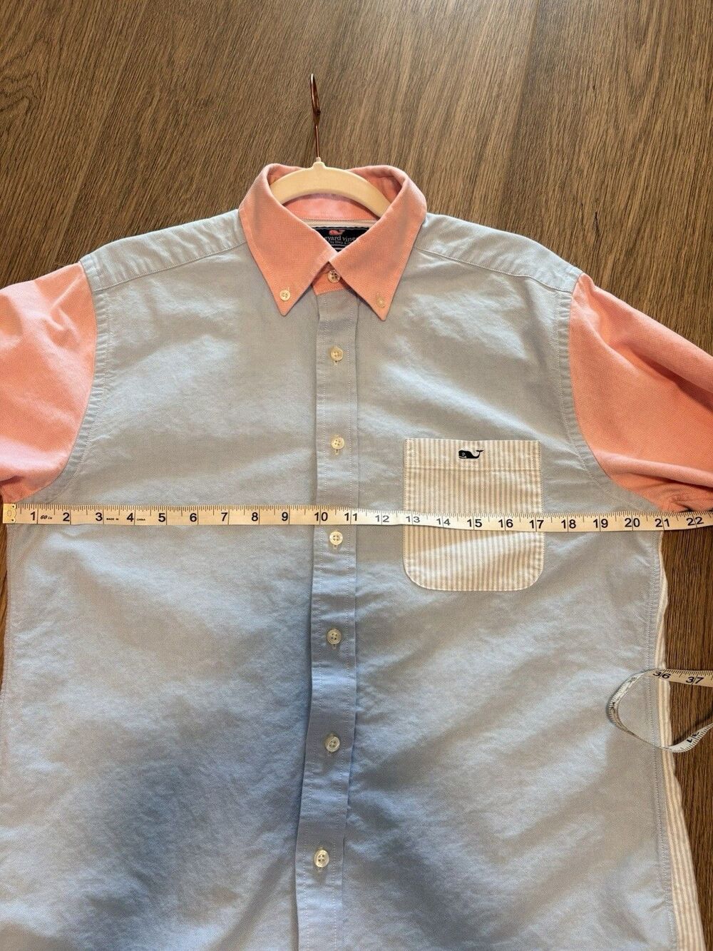 Vineyard Vines Shirt Mens Medium Blue Pink Tucker Slim Pastel Color Block Oxford - Picture 7 of 11